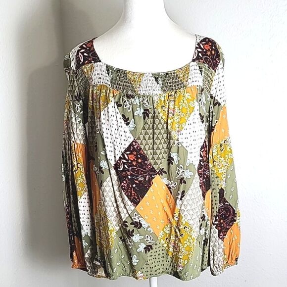 Colorful Longsleeve Patchwork Top, Shirred Elastic Neckline, Size Medium - Picture 1 of 8